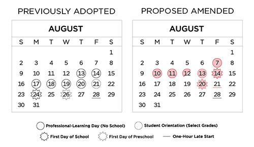 Amended Calendar Graphic showing changes from approved to ammended 2020-2021 calendar